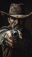 Intense standoff with a cowboy holding a revolver in a dimly lit setting at dusk photo