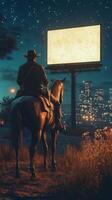 Cowboy on horseback observes empty billboard against a city skyline at night photo