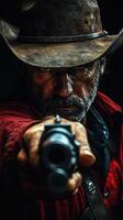Intense standoff with a rugged cowboy aiming a firearm in the dim light of a western setting photo