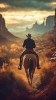 Cowboy riding horse through a dusty trail at sunset in a desert landscape with mountains in the background photo