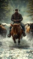 Cowboy herding cattle through water in a scenic rural landscape during the golden hour photo