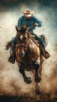 Rider demonstrates skillful control over horse while racing through dust on an open ranch photo