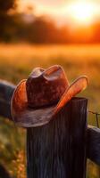 Rustic cowboy hat resting on a wooden fence at sunset in a serene field landscape photo