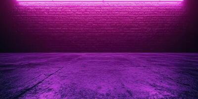 Vibrant purple neon light reflecting on a textured concrete floor in an industrial setting at night photo