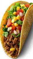 Tasty beef taco with fresh toppings served on a crunchy shell at a casual Mexican eatery during lunchtime photo