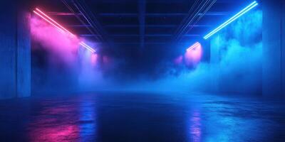 Vibrant neon lights illuminate a fog-filled space creating a dynamic atmosphere for events or performances photo