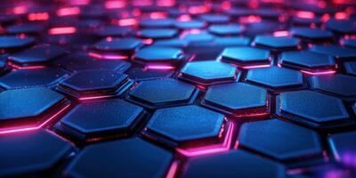 Vibrant hexagonal pattern illuminated by neon lights in a futuristic digital environment photo
