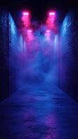 Mysterious alley illuminated by pink and blue lights with foggy atmosphere at night photo