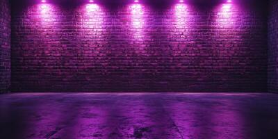 Vibrant purple lighting illuminates a modern urban space with textured brick walls in a nighttime setting photo