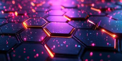 Hexagonal pattern illuminated by vibrant purple and orange lights creating a futuristic atmosphere photo