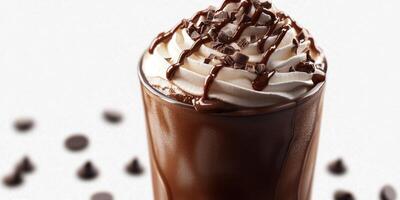 Delicious chocolate drink topped with cream and chocolate drizzle served in a clear glass photo