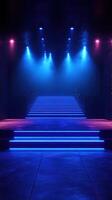 Colorful neon lights illuminate a modern staircase in a dark venue, creating a vibrant atmosphere for events photo