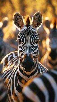 Close-up of a zebra in golden sunlight during a serene afternoon at a wildlife sanctuary photo