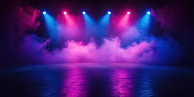 Colorful stage lighting with mist creates dynamic atmosphere for performance at night photo
