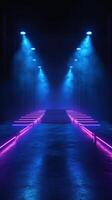 Vibrant neon-lit pathway with smoke effects creating a dramatic atmosphere at dusk in an urban setting photo