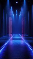 Dramatic runway setting illuminated by vibrant blue and pink lights in an elegant fashion venue photo