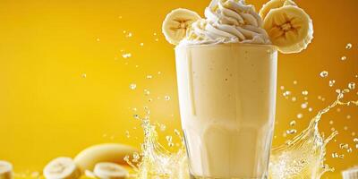 Delicious banana smoothie served with whipped cream, vibrant yellow background enhancing freshness photo