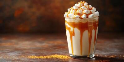 Creamy beverage topped with marshmallows and drizzled caramel creates a warm, inviting atmosphere in a cozy setting photo