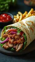 Delicious shawarma wrap with grilled chicken, fresh vegetables, and sauces served with fries and dipping sauce photo
