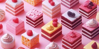 Colorful array of assorted cakes and pastries displayed on a pink background at a dessert shop photo