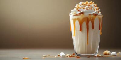 Creamy dessert in a glass topped with whipped cream, caramel, and crushed nuts served indoors with a soft background photo