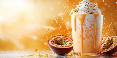 Delicious passion fruit dessert with whipped cream and caramel drizzles displayed on a bright background at a culinary event photo