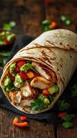Delicious chicken wrap stuffed with fresh vegetables and guacamole on a rustic wooden table photo
