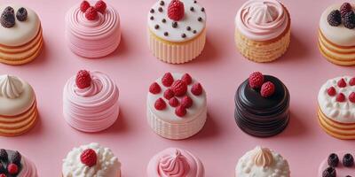 Delightful assortment of beautifully decorated mini cakes arranged on a pink background for a charming dessert presentation photo