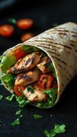 Grilled chicken wrap with fresh vegetables and herbs served on a dark background photo