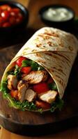 Grilled chicken wrap with fresh vegetables and tortillas served on a wooden board photo