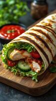 Delicious grilled chicken wrap with fresh vegetables served on a wooden board photo