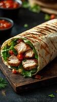 Grilled chicken wrap filled with fresh vegetables and sauce served on a wooden board photo