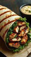 Grilled chicken wrap filled with lettuce and served with dip on rustic wooden table photo
