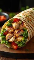 Delicious grilled chicken wrap with fresh vegetables and herbs on wooden board in bright light photo