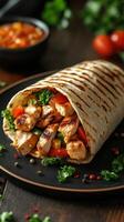 Grilled chicken wrap with fresh vegetables served on a dark wooden table at a casual dining setting photo