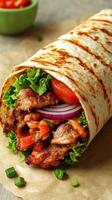 Delicious grilled meat wrap with fresh vegetables and savory sauce on a wooden surface photo