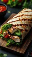 Grilled chicken wrap with fresh vegetables served on a wooden board during a casual meal photo
