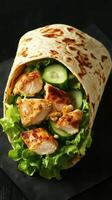 Freshly made grilled chicken wrap with lettuce and cucumbers for a healthy lunch option photo