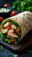 Delicious chicken wrap with fresh vegetables served on a wooden board in a dark setting photo