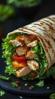 Grilled chicken wrap with fresh vegetables served on a black plate in a cozy setting photo