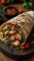 Grilled chicken wrap with fresh vegetables and guacamole served with salsa photo