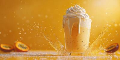 Delicious smoothie bursting with flavor splashes against a vibrant yellow background in a bright afternoon setting photo