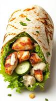 Grilled chicken wrap filled with fresh vegetables and creamy sauce ready to be enjoyed photo