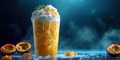 Refreshing tropical drink with whipped cream and passion fruit on a cool blue background photo