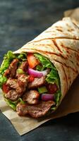 Delicious grilled meat wrap with fresh vegetables served on a wooden table photo