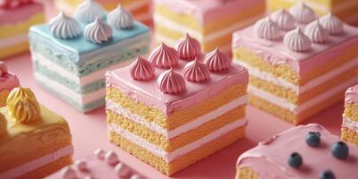 Colorful dessert slices displayed on a pink background during a dessert event in a cafe photo