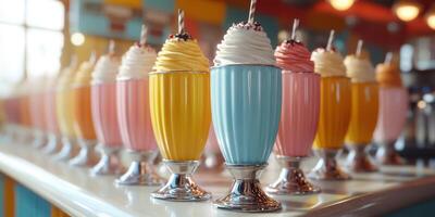 Colorful milkshakes lined up on a counter in a vibrant diner during the afternoon photo
