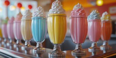 Colorful milkshakes lined up in a modern diner with vibrant decor during the afternoon photo