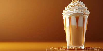 Delicious caramel ice cream sundae topped with whipped cream and nuts on a wooden table with warm lighting photo