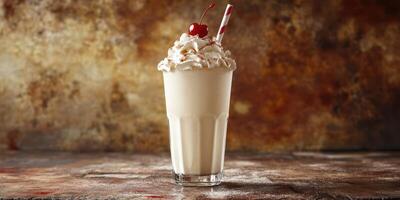 Creamy milkshake topped with whipped cream and cherry, set against a rustic background photo